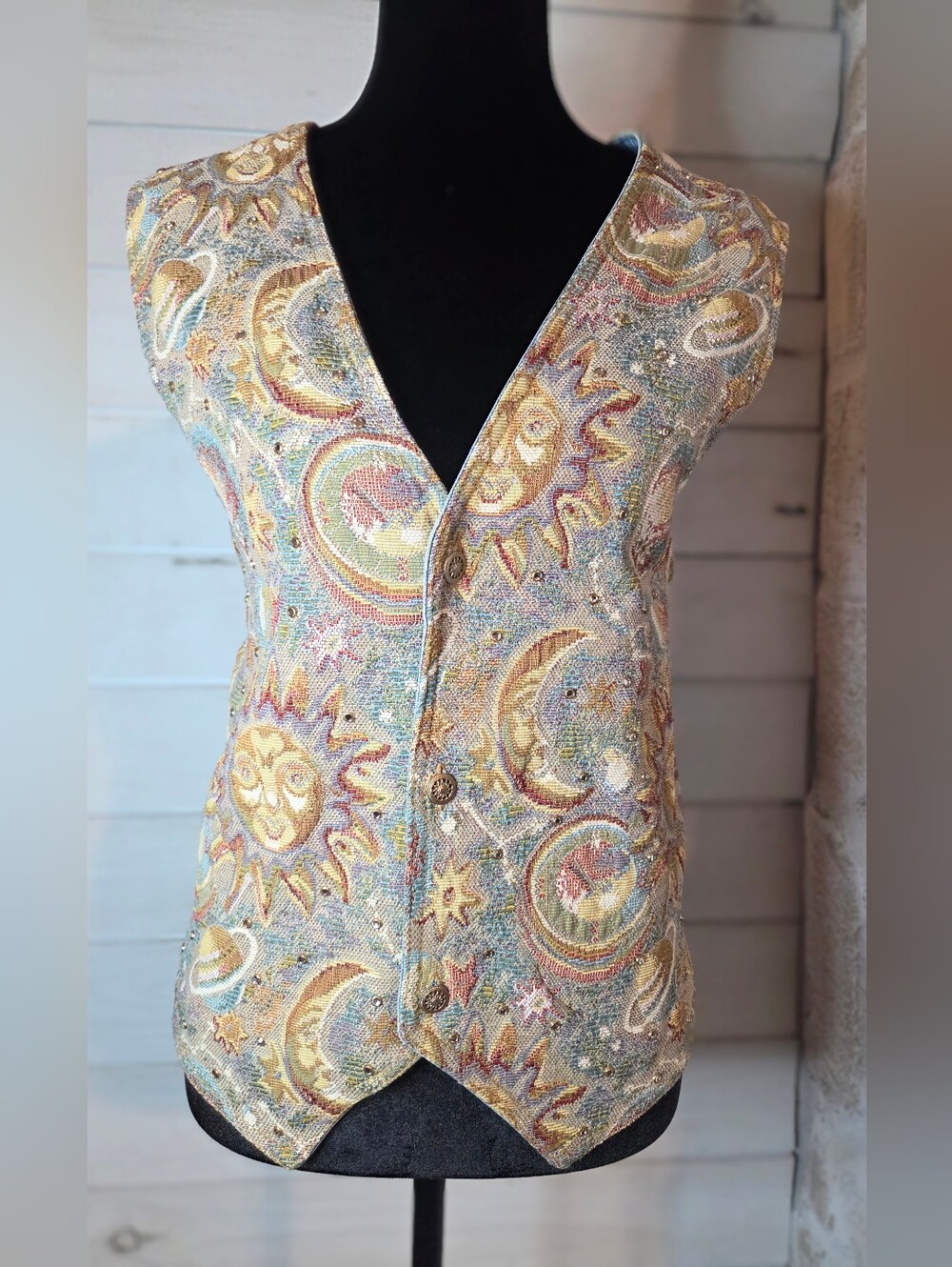 RARE Authentic Vintage 90s Caché Sun Moon Stars Celestial Rhinestone Vest